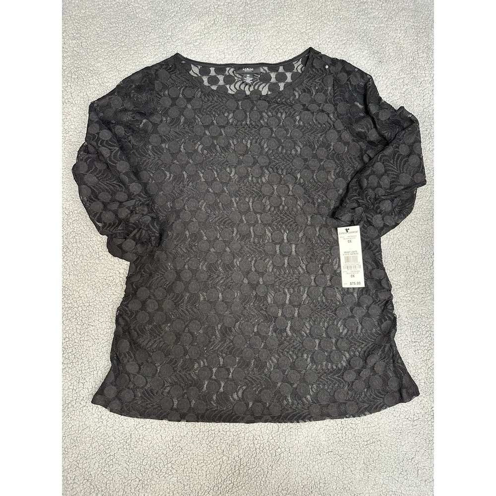 Alfani Women's Lace Blouse 0X Black 3/4 Sleeve Ruched Top NWT Elegant Plus Size